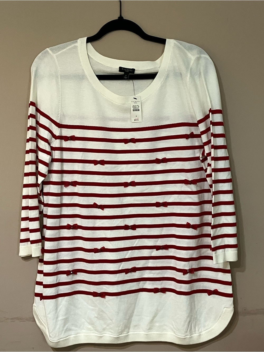 Talbots White and Red Striped Knit Tunic with Bow Details